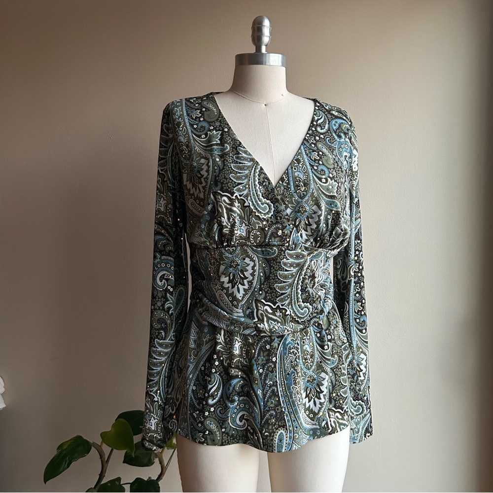 Paisley Wrap V-Neck Blouse in Olive and Teal